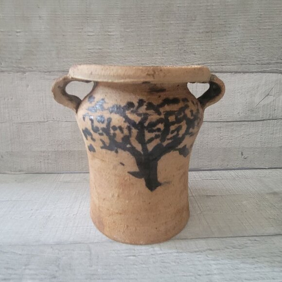 Rustic Handcrafted Clay Vase With Tree Design & Dual Handles Utensil Holder - Picture 1 of 8